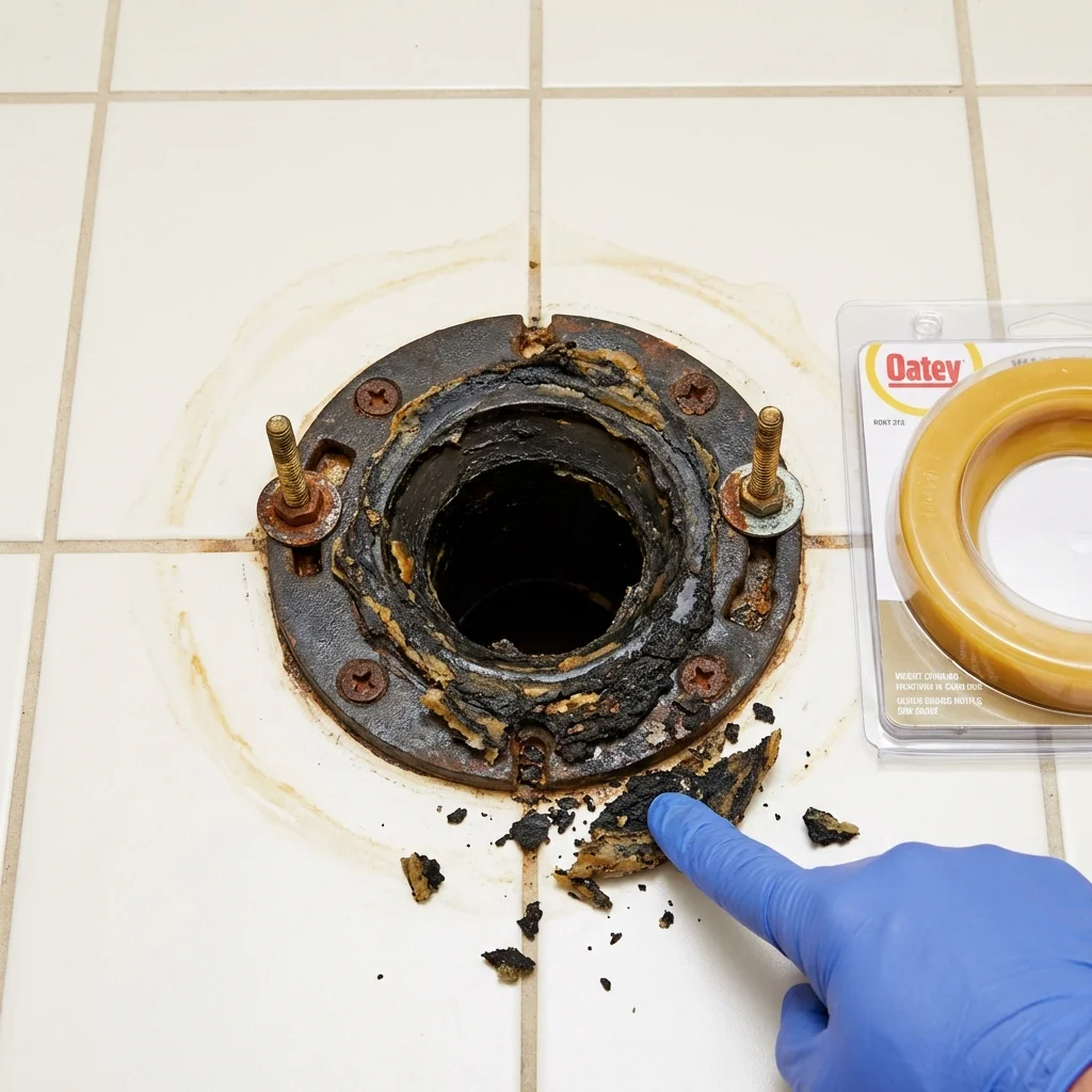 Failed wax ring showing water seepage at the base of a toilet in a Shawnee, OK home